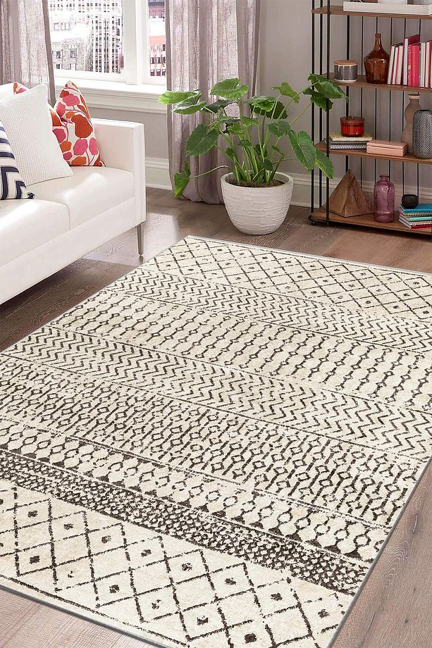 Makinede Yıkanabilir Kaymaz Taban Leke Tutmaz Krem Salon Halısı Mutfak Halısı ve Yolluk - 1