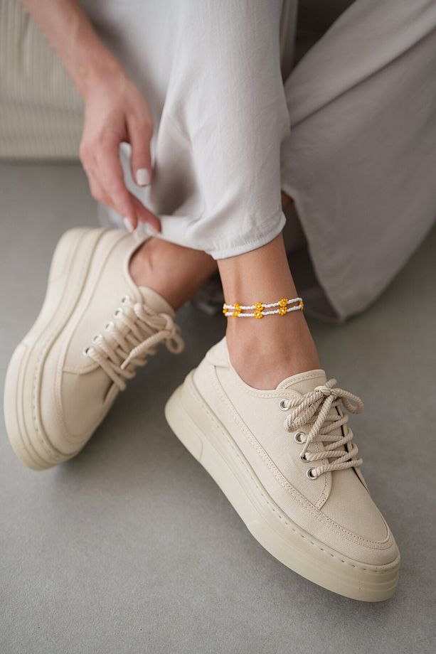 Peint Yüksek Tabanlı Bağcıklı Sneaker- BEJ - 7