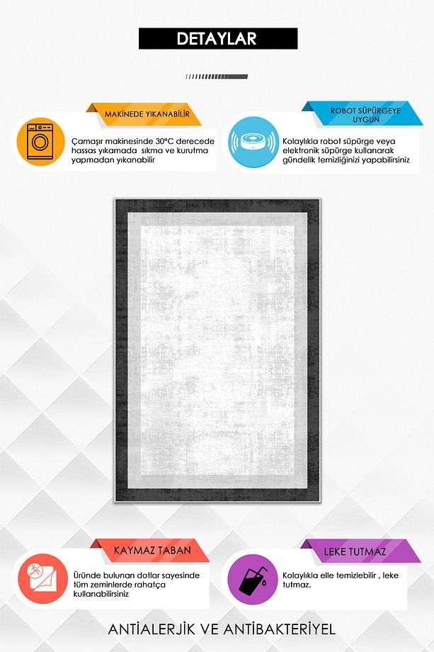 Makinede Yıkanabilir Kaymaz Taban Leke Tutmaz Siyah Salon Halısı Mutfak Halısı ve Yolluk - 3
