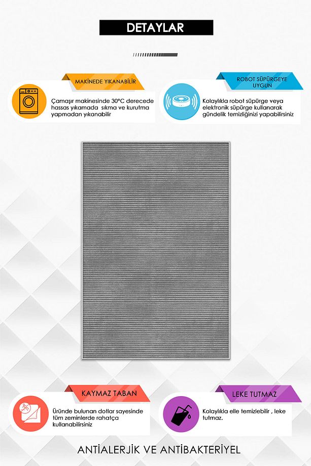 Makinede Yıkanabilir Kaymaz Taban Leke Tutmaz Gri Salon Halısı Mutfak Halısı ve Yolluk - 3