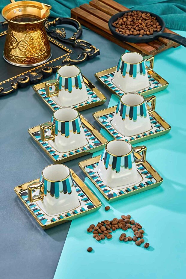 90 ml Porcelain 6-Piece Coffee Cup Set - Stylish Design Gold Gilded Modern Cup Set