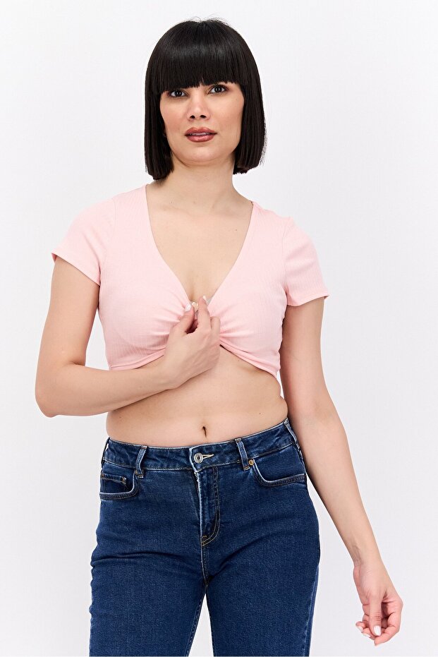 Women Surplice Neck Short Sleeve Ribbed Blouse, Pink
