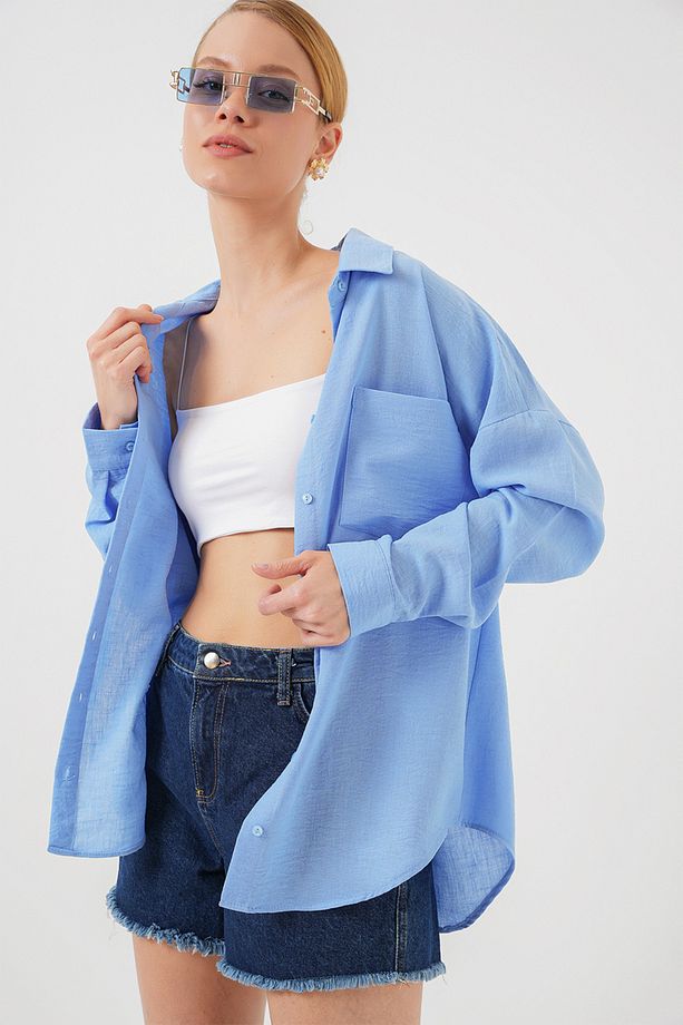 Kadın Tek Cepli Oversize Mavi Keten Gömlek - 4