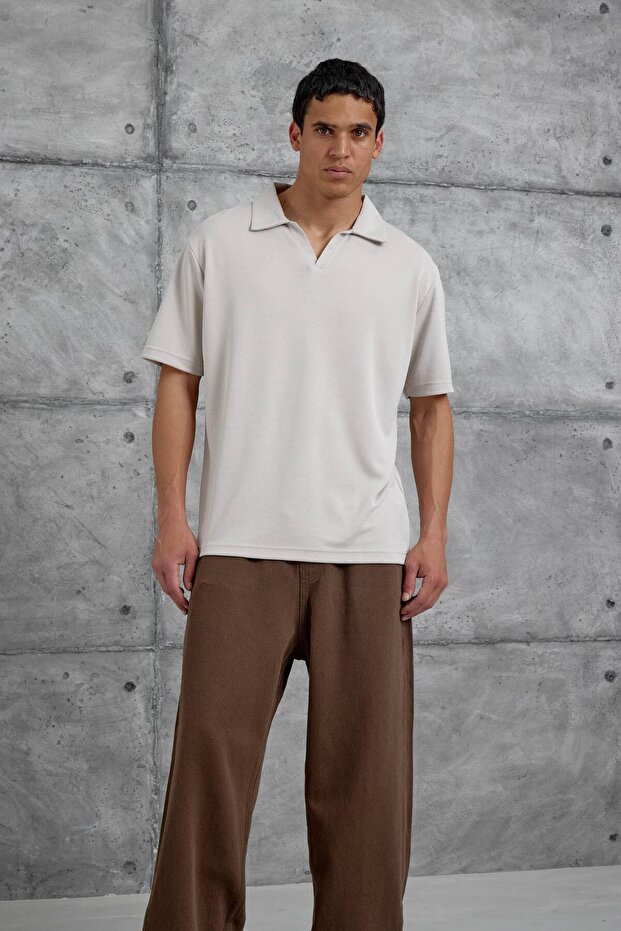 Bej Mrk Oversize Basic Polo Yaka Tshirt - 4