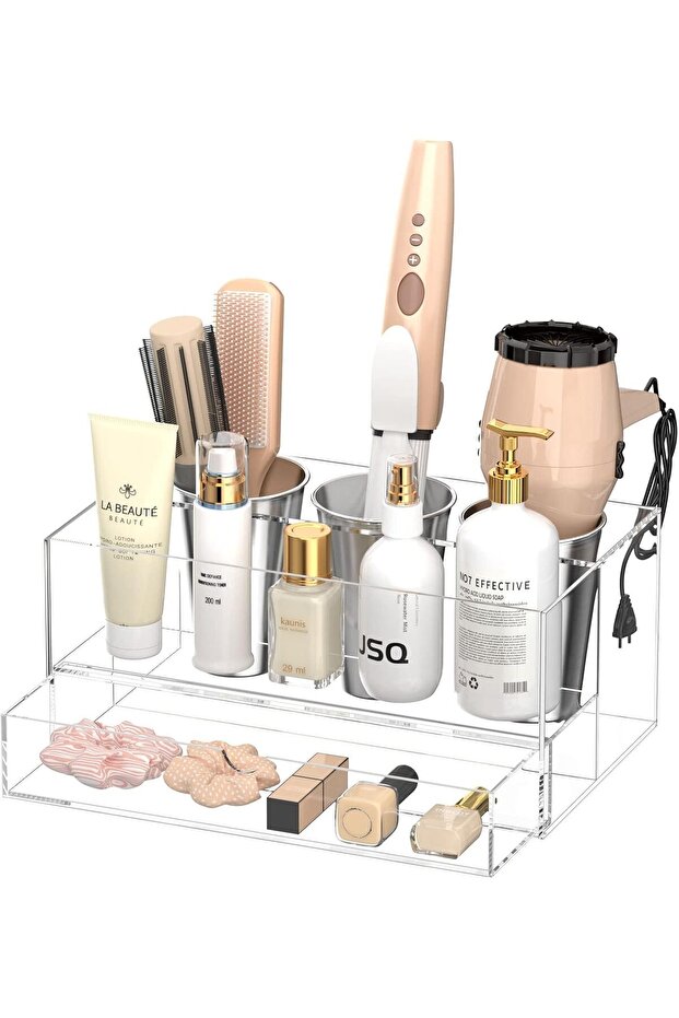 Hair Tool Organizer, Clear Acrylic Hair Dryer & Styling Organizer With Drawer For Vanity