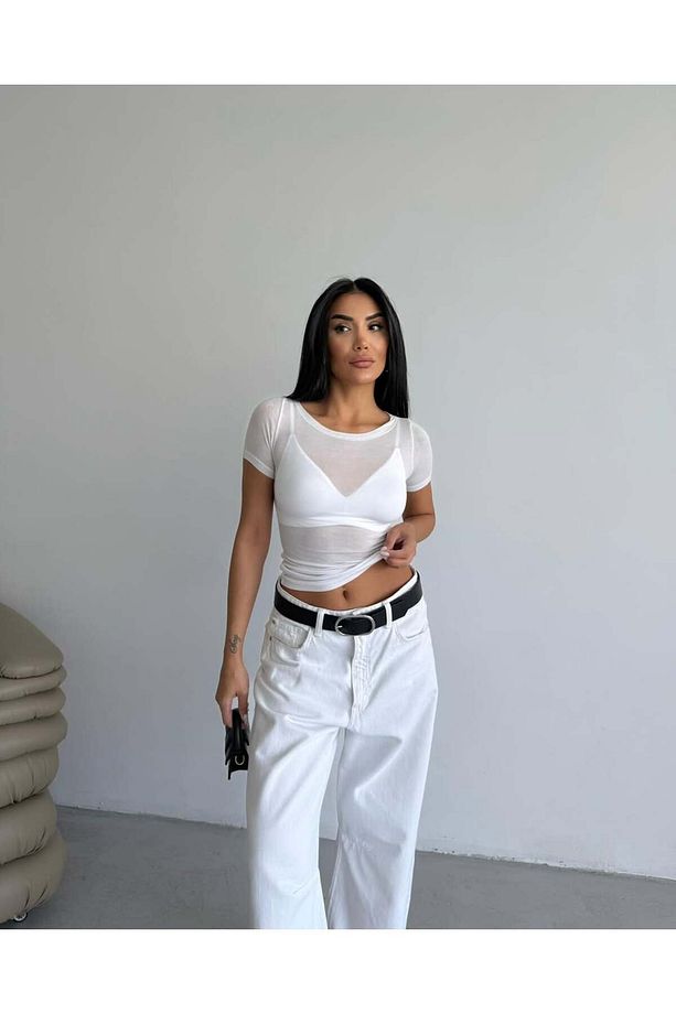 KADIN KAYIK YAKA KISA KOLLU TRANSPARAN SOFT TOUCH YUMUŞAK DOKU DÜZ BASİC CROP BLUZ BLZ5579 - 4