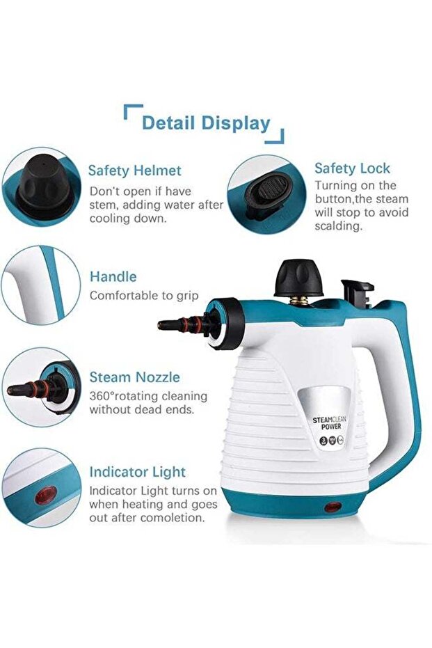 9-piece handheld steam cleaner set, 350 ml,1050W, fast heating, deep cleaning, with safety lock,blue - 2
