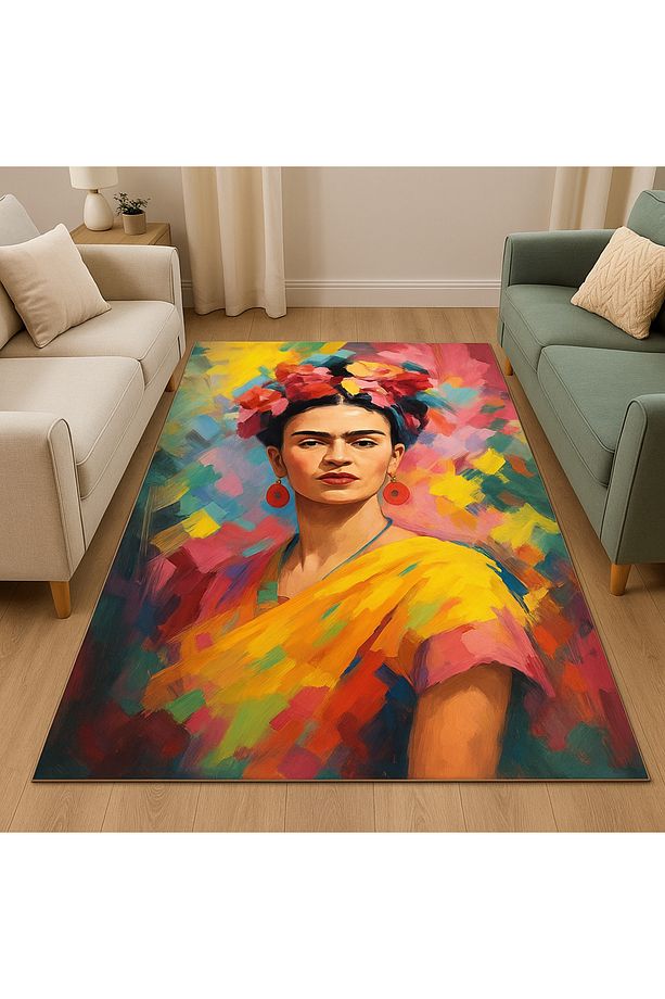 F.KAHLO DİJİTAL PAMUK DOKUMA KAYMAZ TABAN OTURMA ODASI GENÇ ODASI SALON HALISI - 2