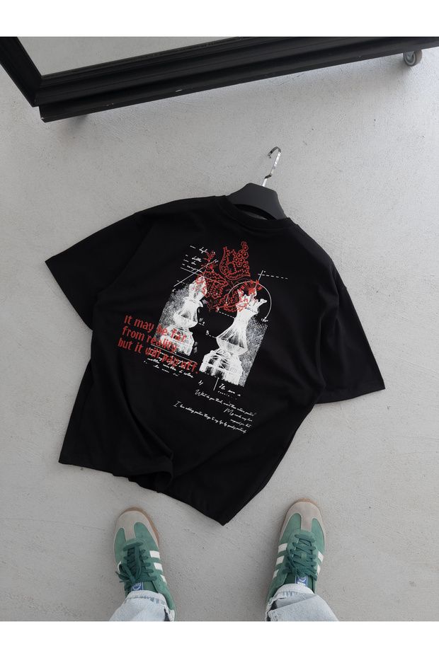 Siyah Piyon Baskılı Oversize T-Shirt YP-5072 - 4
