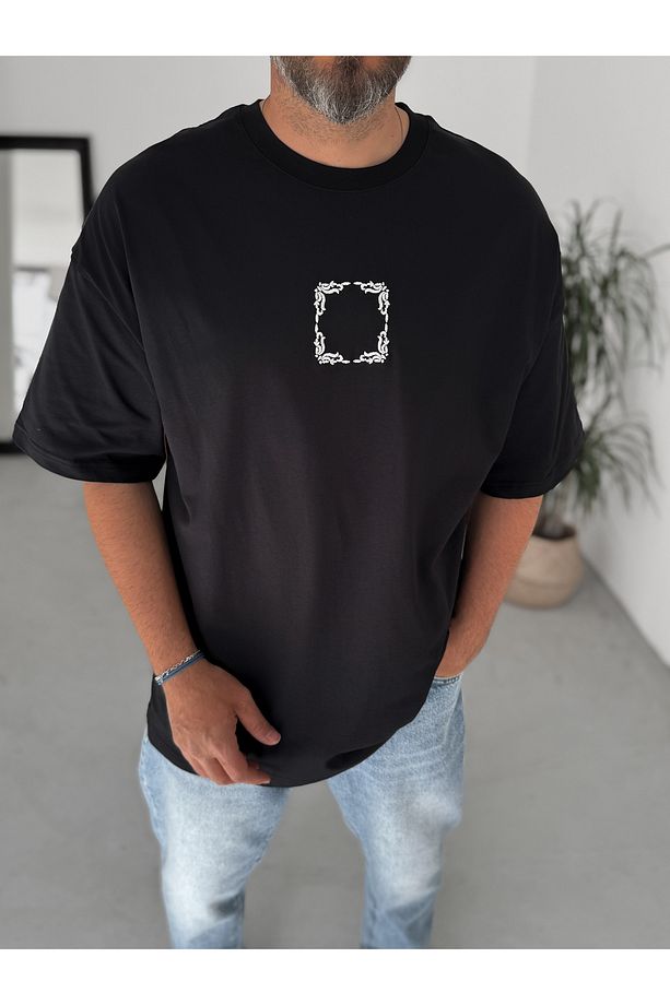 Siyah Hasır Patchli Motifli Oversize T-Shirt JJ-214 - 6