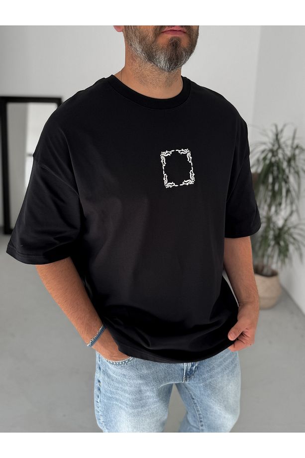 Siyah Hasır Patchli Motifli Oversize T-Shirt JJ-214 - 5