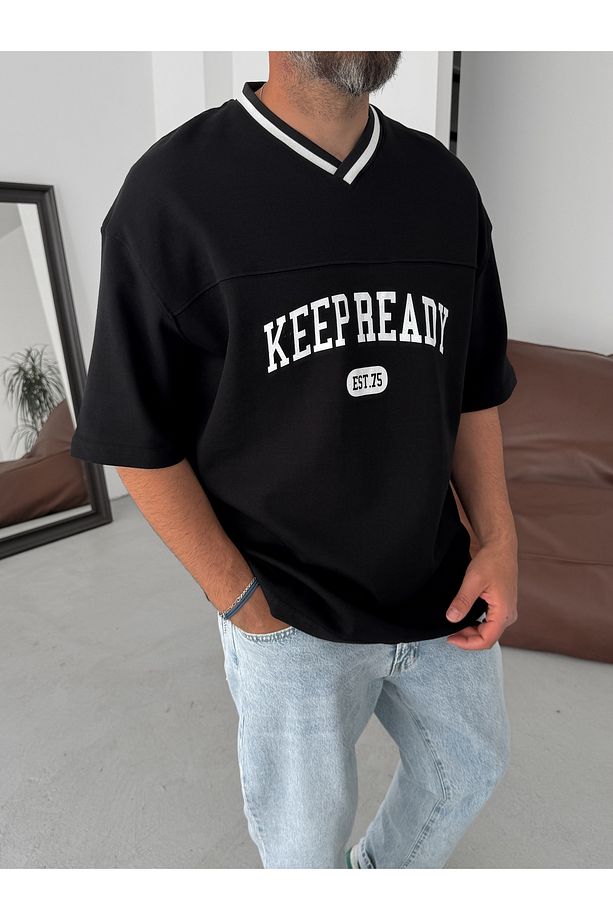 Siyah Keep Ready V Yaka Oversize T-Shirt PM-061 - 4