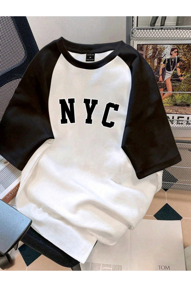 Nyc Printed Single Jersey White Black Raglan Sleeve T-Shirt - Oversize Crew Neck T-Shirt