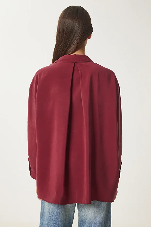 Oversize Dökümlü Gömlek BORDO LDZ0037 - 5