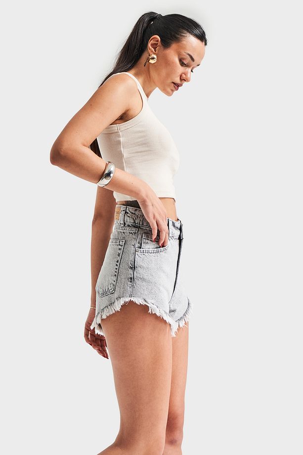 Kadın Gri Renk Luna 3s5-12 %100 Koton Süper Mini Püsküllü Paça Denim Şort - 4