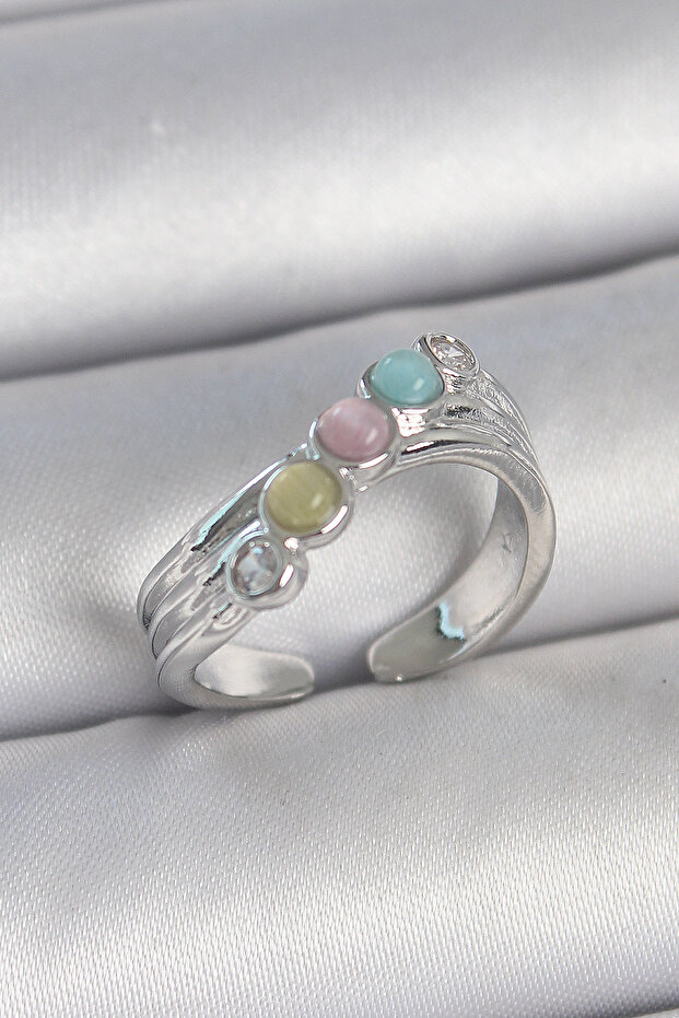Brass Silver Color Zircon Stone Detailed Colorful Enamel Adjustable Women's Ring Tj-Byk3728