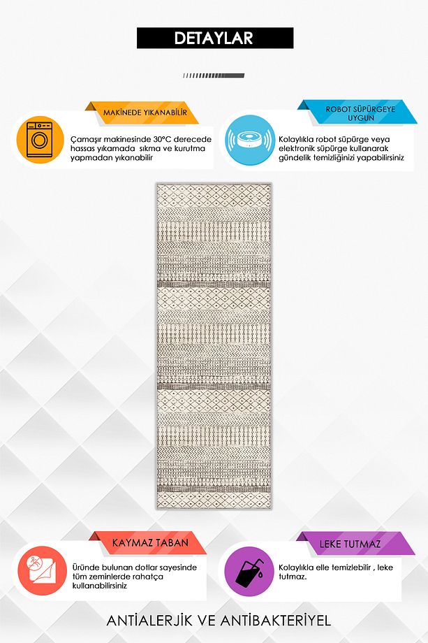 Makinede Yıkanabilir Kaymaz Taban Leke Tutmaz Krem Salon Halısı Mutfak Halısı ve Yolluk - 3