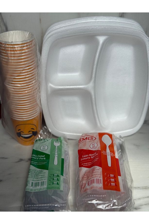 3 Gözlü Tabak - Karton Bardak - Kaşık - Çatal 20 Adet Piknik ve Kullan At Set Maycup - 3