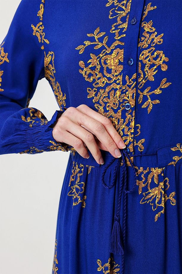 2145 Desenli Tesettür Elbise - Saks - 5