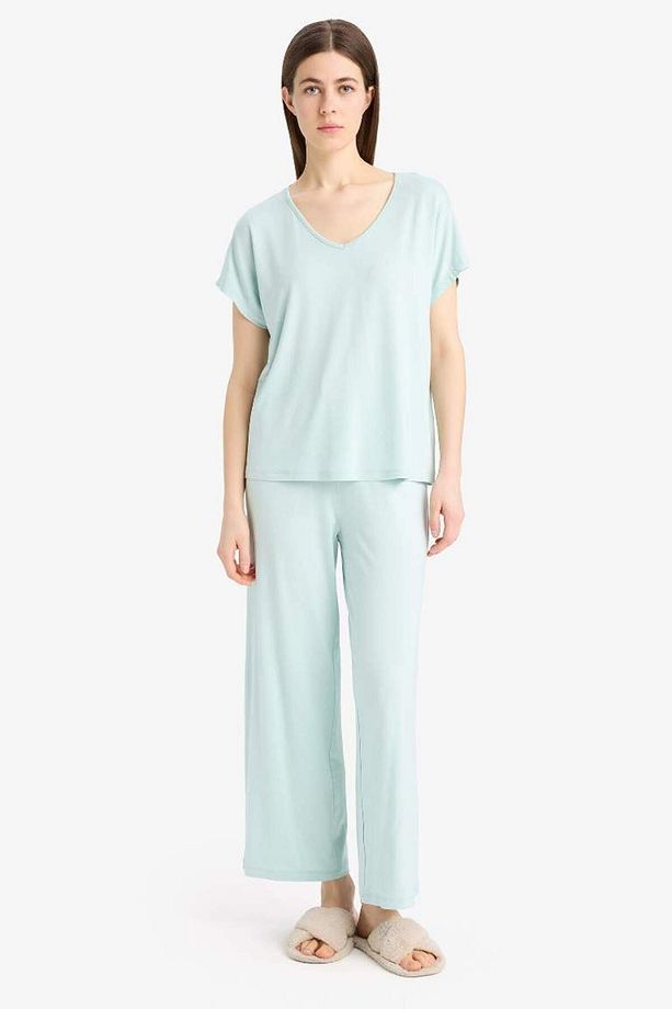 Pijama Takımı Viskon Kısa Kollu Üst Esnek Belli Uzun Alt-fall In Love E0264ax25sp - 1