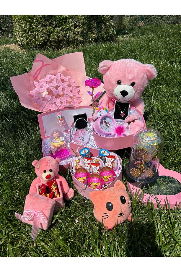 Pembe Dev Aşk Set’i kelebek Buket’i Takı Peluş Ayı Sevgiliye - 1