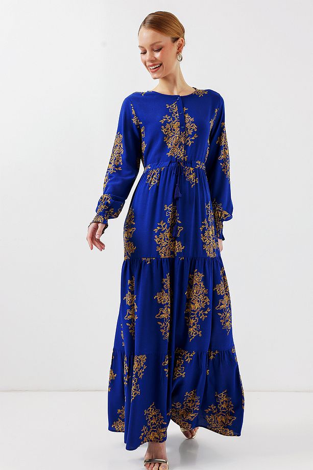 2145 Desenli Tesettür Elbise - Saks - 4