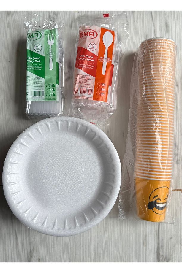 Yuvarlak Orta Boy Tabak - Karton Bardak - Kaşık - Çatal40 Adet Piknik ve Kullan At Set Maycup - 1