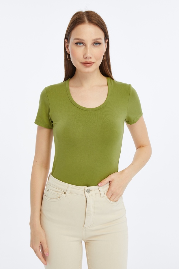 Women's Oil Green Crew Neck Short Sleeve Plain Viscose Blouse