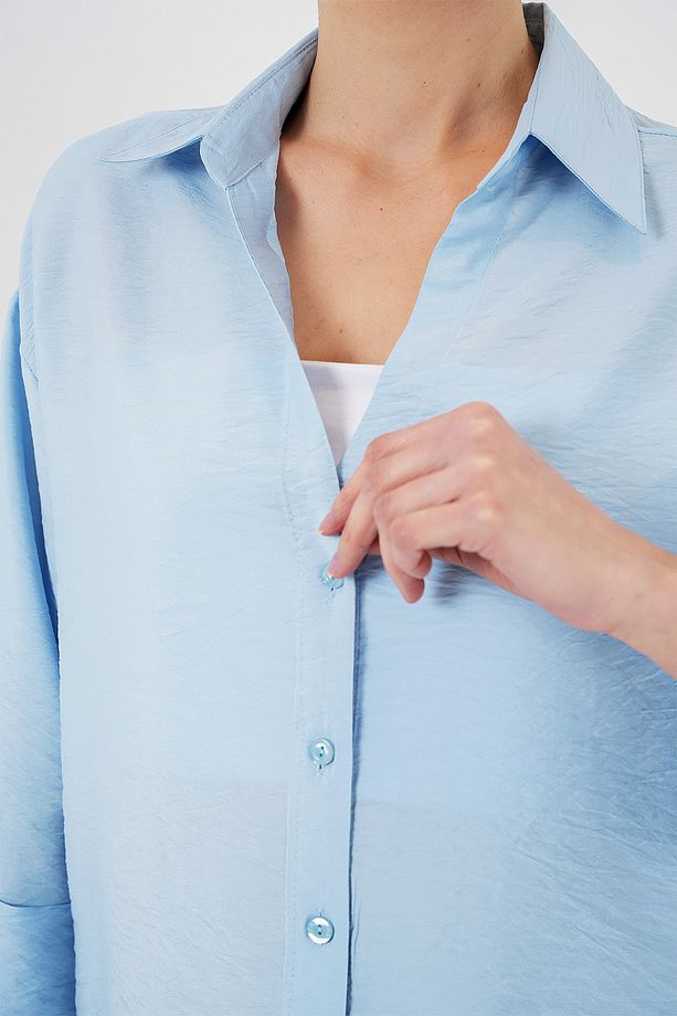 Kadın Oversize Kısa Kol Gömlek 20315 - Mavi - 5