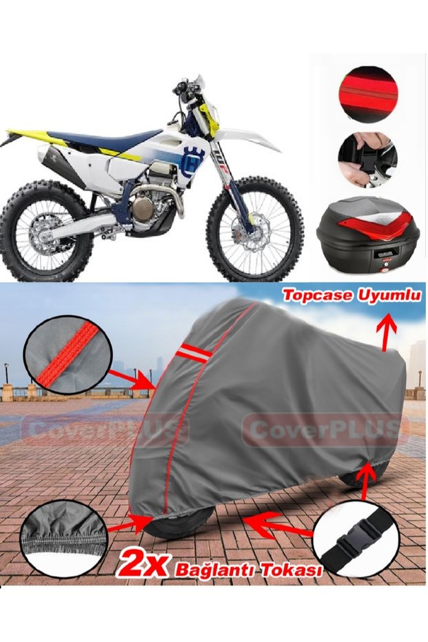 Husqvarna Fe 501 Rear Bag Compatible Motor Tarpaulin Motorcycle Tarpaulin Red Stitched Gray