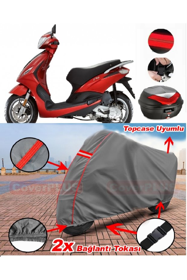 Piaggio Fly 125 3V Rear Case Compatible Motor Tarpaulin Motorcycle Tarpaulin Red Stitched Gray
