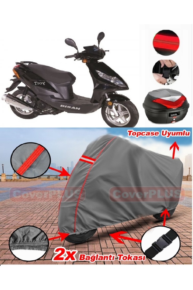 Bisan Troy 100 Rear Bag Compatible Engine Tarpaulin Motorcycle Tarpaulin Red Stitched Gray
