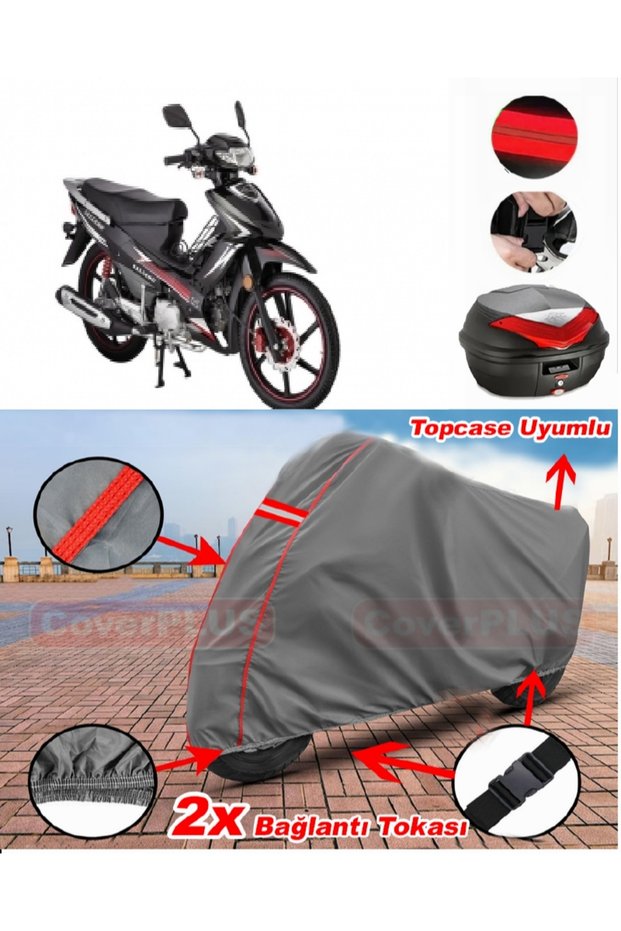 Salcano Altai 125 Rear Bag Compatible Motor Tarpaulin Motorcycle Tarpaulin Red Stitched Gray