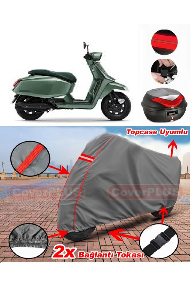 Lambretta X300 Topcase Compatible Motor Tarpaulin Motorcycle Tarpaulin Red Stitched Gray