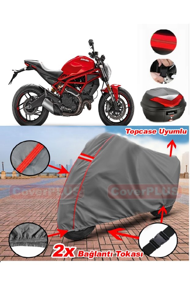Ducati Monster 797 Plus Rear Bag Compatible Motor Tarpaulin Motorcycle Tarpaulin Red Stitched Gray