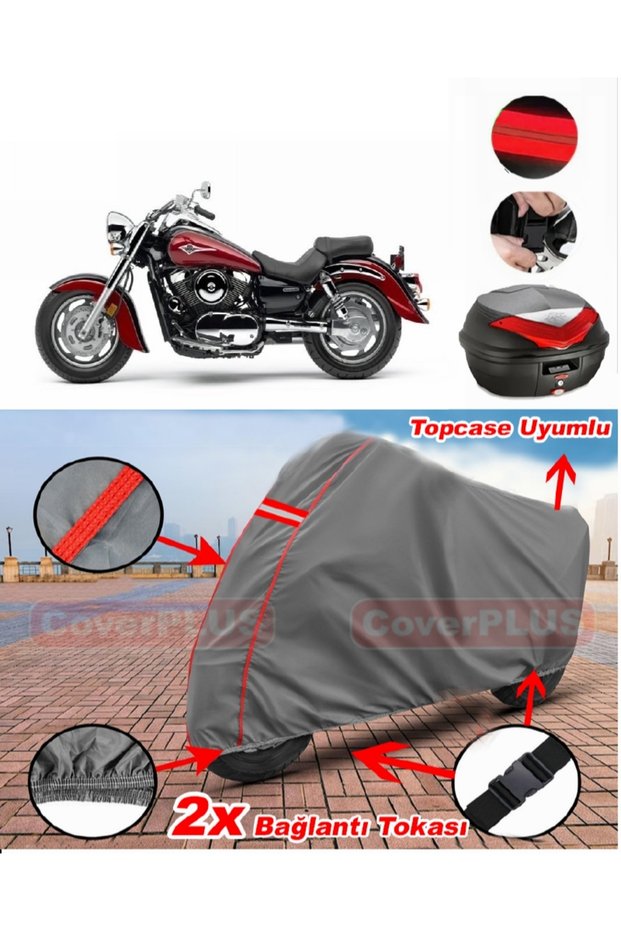 Kawasaki Vn 1600 Rear Bag Compatible Motor Tarpaulin Motorcycle Tarpaulin Red Stitched Gray
