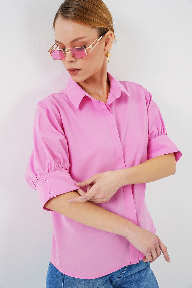 Kadın Kısa Kol Gömlek 20312 - Pembe - 3