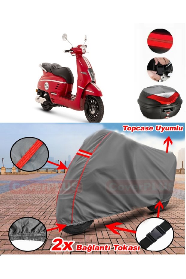 Peugeot Django 50 Rear Bag Compatible Motor Tarpaulin Motorcycle Tarpaulin Red Stitched Gray