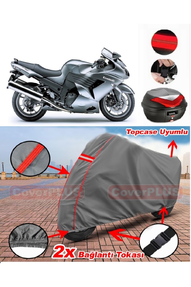 Kawasaki Zzr 1400 Abs Rear Bag Compatible Motor Tarpaulin Motorcycle Tarpaulin Red Stitched Gray