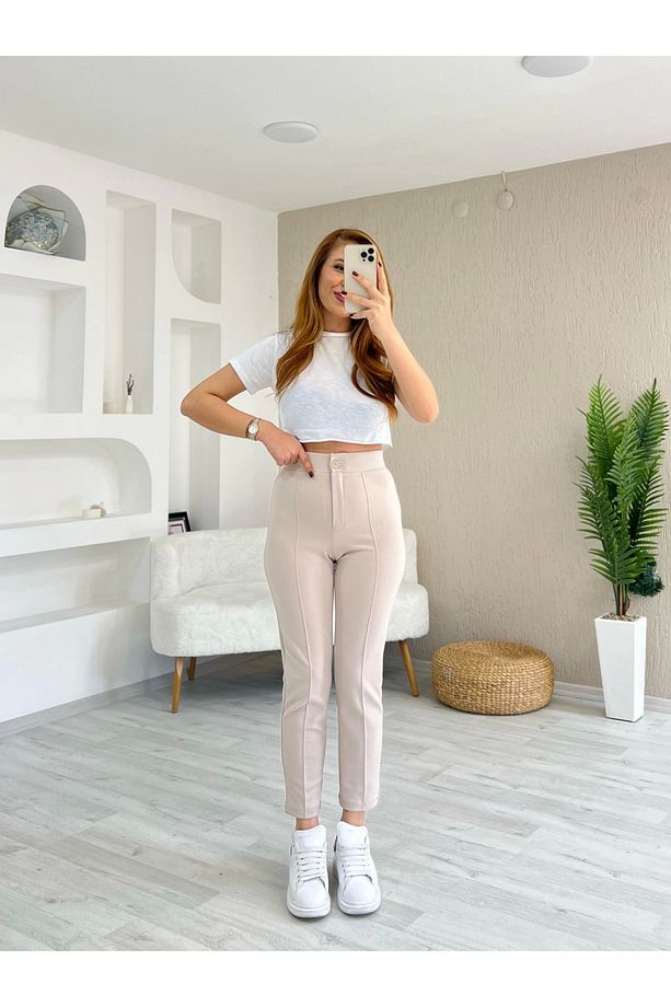 Krep Kumaş Dar Paça Çimalı Pantolon Krem - 3