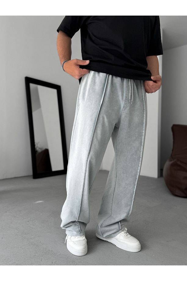 Açık Gri Dikişli Yıkamalı Baggy Eşofman PM-073 - 3
