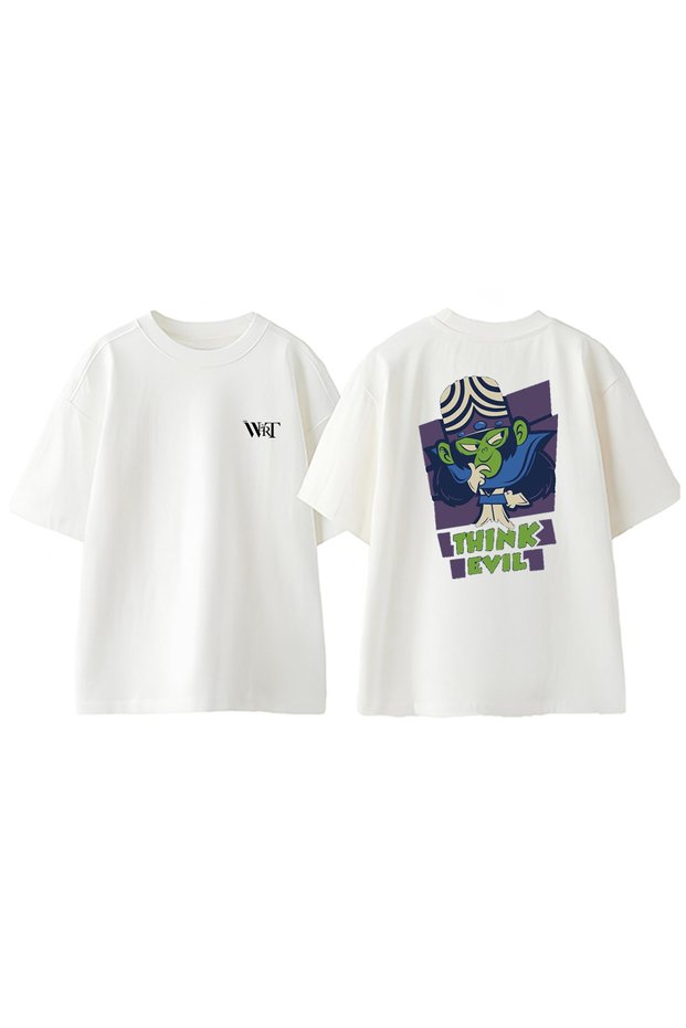 Mojo Jojo Think Evil Design Back Printed Cotton White Oversize T-Shirt