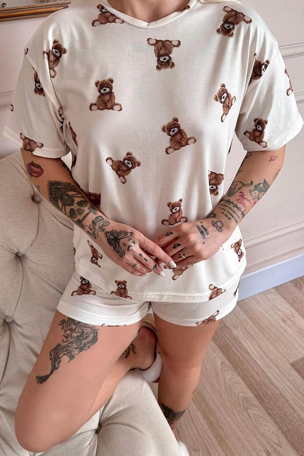 Beige Teddy Desenli Kısa Kollu Şortlu Örme Kadın Pijama Takımı - 6