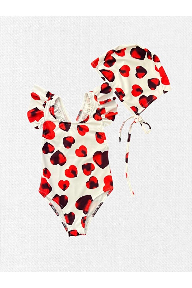 Girl's White Heart Patterned Cross Strap Ruffled Bonnet Quick Dry Tight Woven Fabric Stretchy Swimsuit