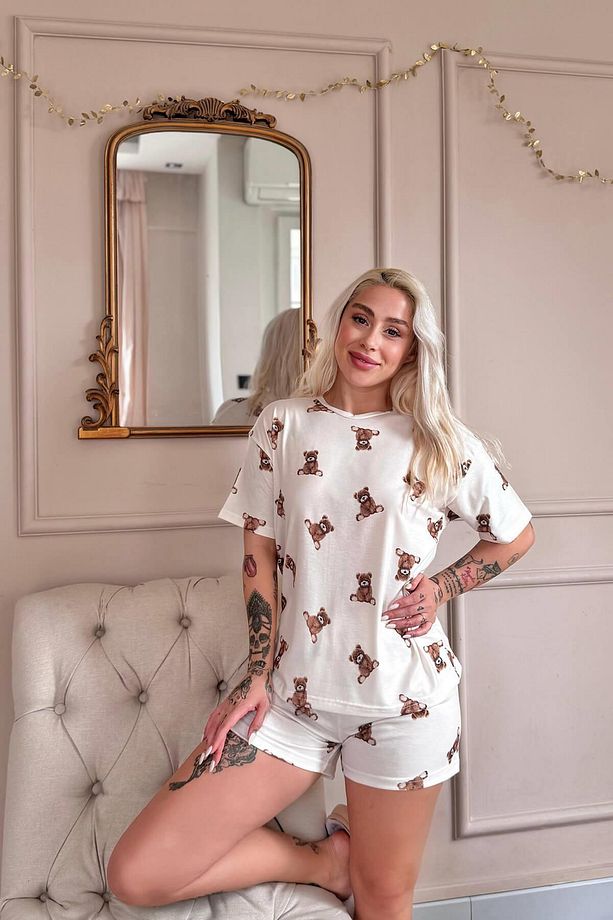 Beige Teddy Desenli Kısa Kollu Şortlu Örme Kadın Pijama Takımı - 4