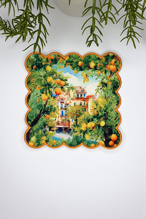 Watercolor Lemon Trees and House View Embroidery Edge Cocktail Napkin 1 Piece
