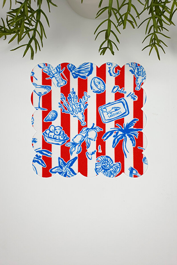 Red White Striped Blue Sea Objects Patterned Laser Cut Cocktail Napkin 1 Piece
