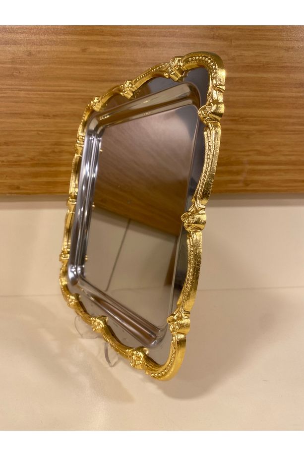 TEPSİ TEK KİŞİLİK KAHVE ÇAY SUNUM KARE GÜMÜŞ ALTIN 24X24 CM - 3
