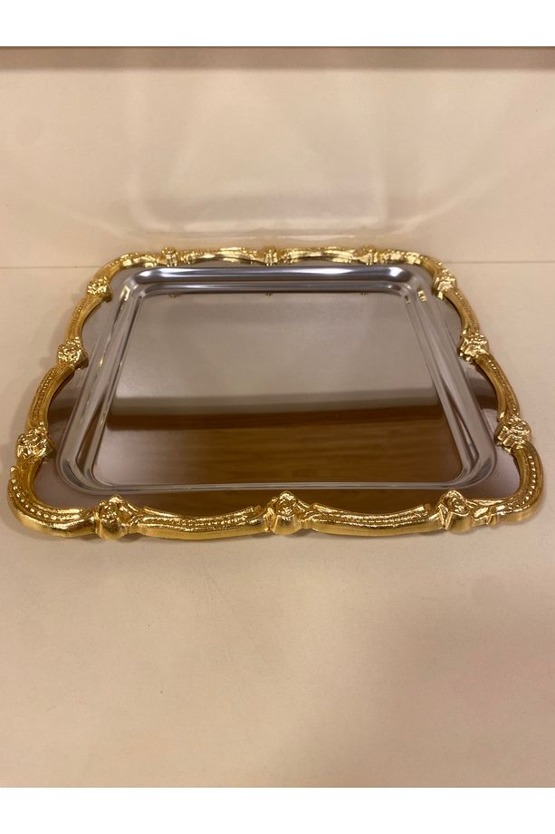 TEPSİ TEK KİŞİLİK KAHVE ÇAY SUNUM KARE GÜMÜŞ ALTIN 24X24 CM - 6