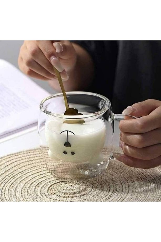 2 Adet Ayı Figürlü Çift Cidarlı Bardak - Kahve Bardağı Kulplu Bardak - 1